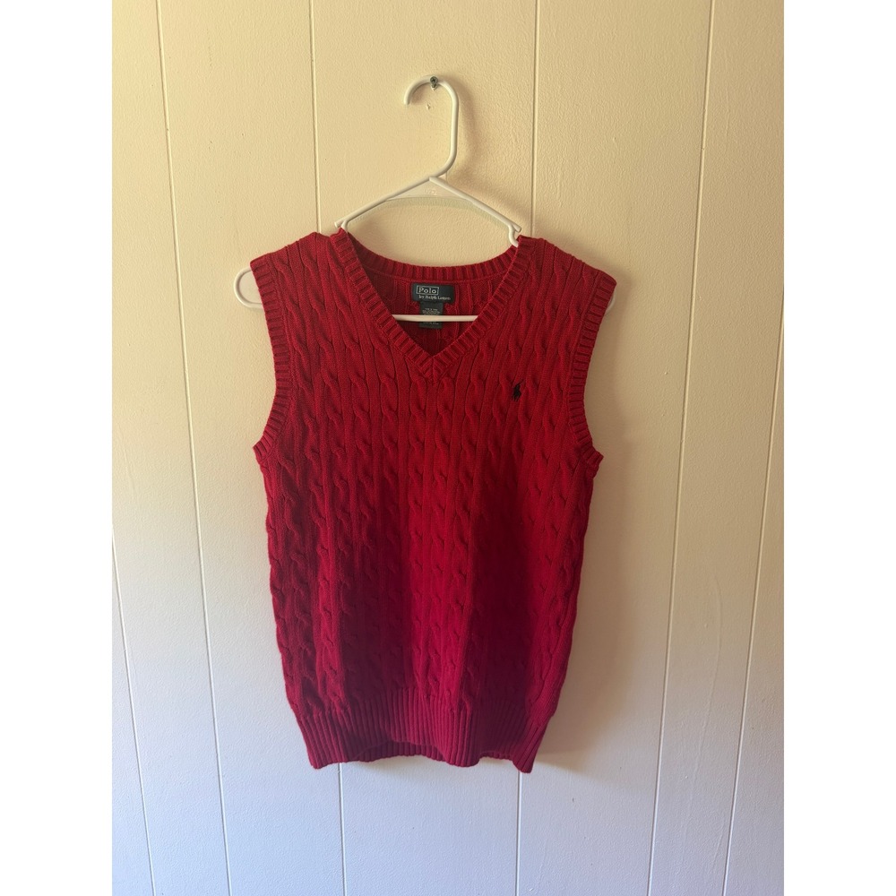 Polo Ralph Lauren Kids Red Cable Knit Cotton Sweater Vest V-Neck XL 18-20